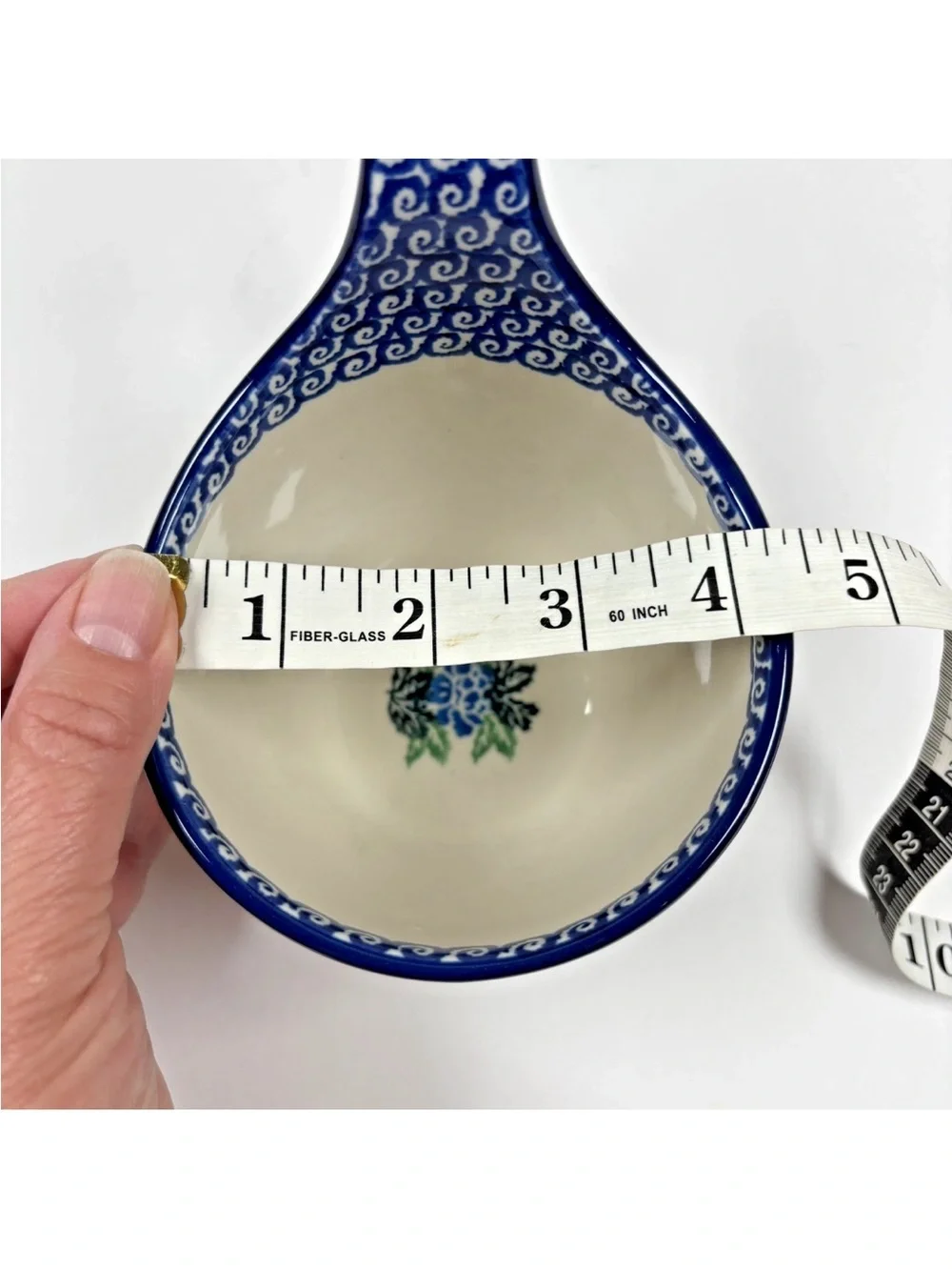 Polish Pottery Soup Bowl Loop Handle Cobalt Blue Green Floral Leaf Boleslawiec